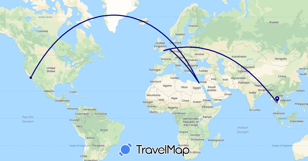 TravelMap itinerary: driving in Egypt, United Kingdom, Netherlands, Thailand, United States (Africa, Asia, Europe, North America)